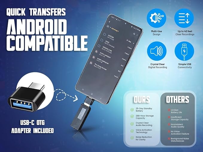 USB Audio Note Device 288-Hour Storage | Hands-Free Audio Capture | Extended