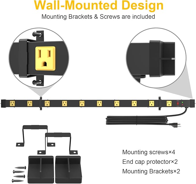 10 Outlet Surge Protector, Long Metal Wide Spaced Garage Industrial Power Strip (2Pack)
