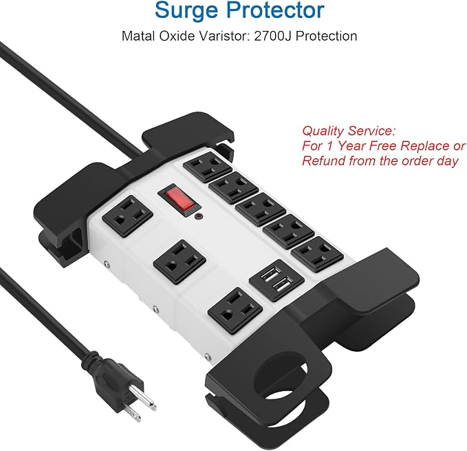 Heavy Duty Power Strip with USB, Workshop 8 Outlet Surge Protector 2700 Joules