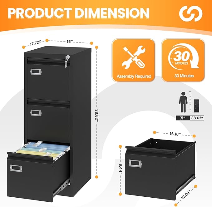3 Drawer File Cabinet with Lock, Metal Filing Cabinets