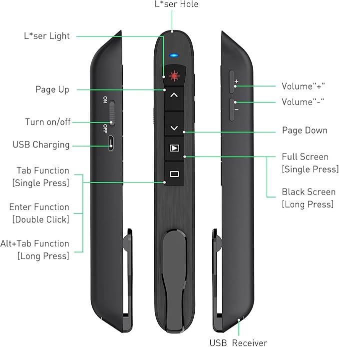 Presentation Clicker Green Laser Pointer, Rechargeable PowerPoint Clicker
