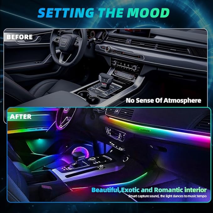 Acrylic Interior Car LED Strip Lights, Colorful 6-in-1 Car Ambient Lighting Kit
