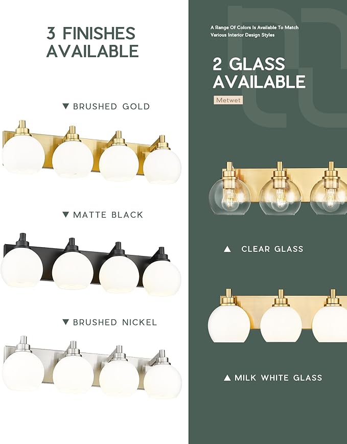 METWET Bathroom Light Fixtures, 4 Light Brushed Gold Vanity Light, 26 Inch