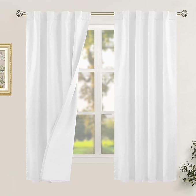 LAMIT White 100% Blackout Linen Curtains, 63 Inches Linen Textured Thermal