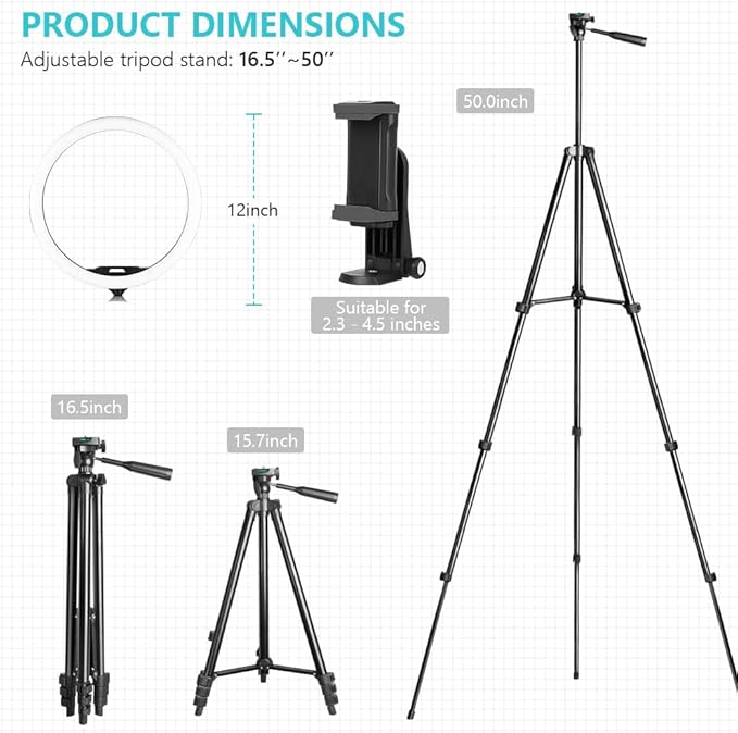 Sensyne 12'' Ring Light with 50'' Extendable Tripod Stand, LED Circle Lights