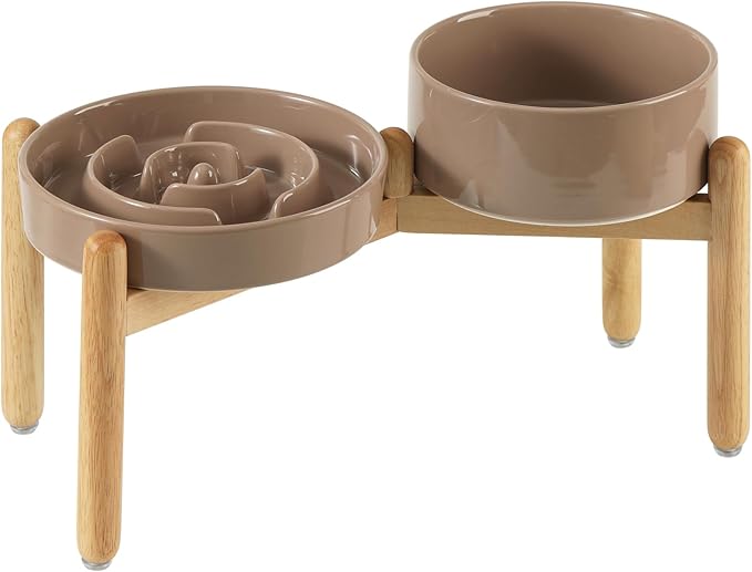 Ceramic 1.2 Cup Raised Slow Feeder Dog Bowl Set, Elevated 6.1inch Bowl and