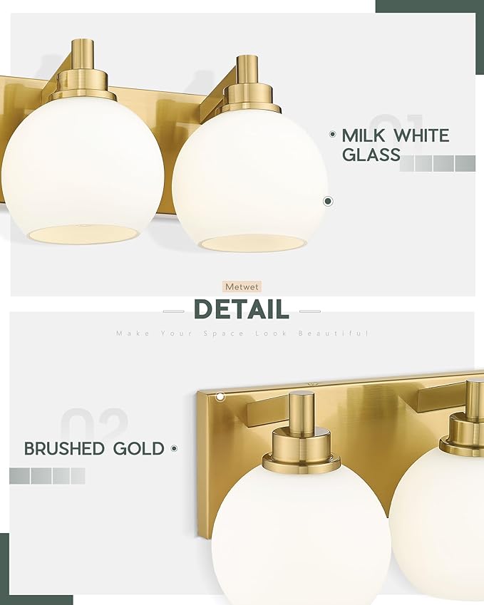 METWET Bathroom Light Fixtures, 4 Light Brushed Gold Vanity Light, 26 Inch