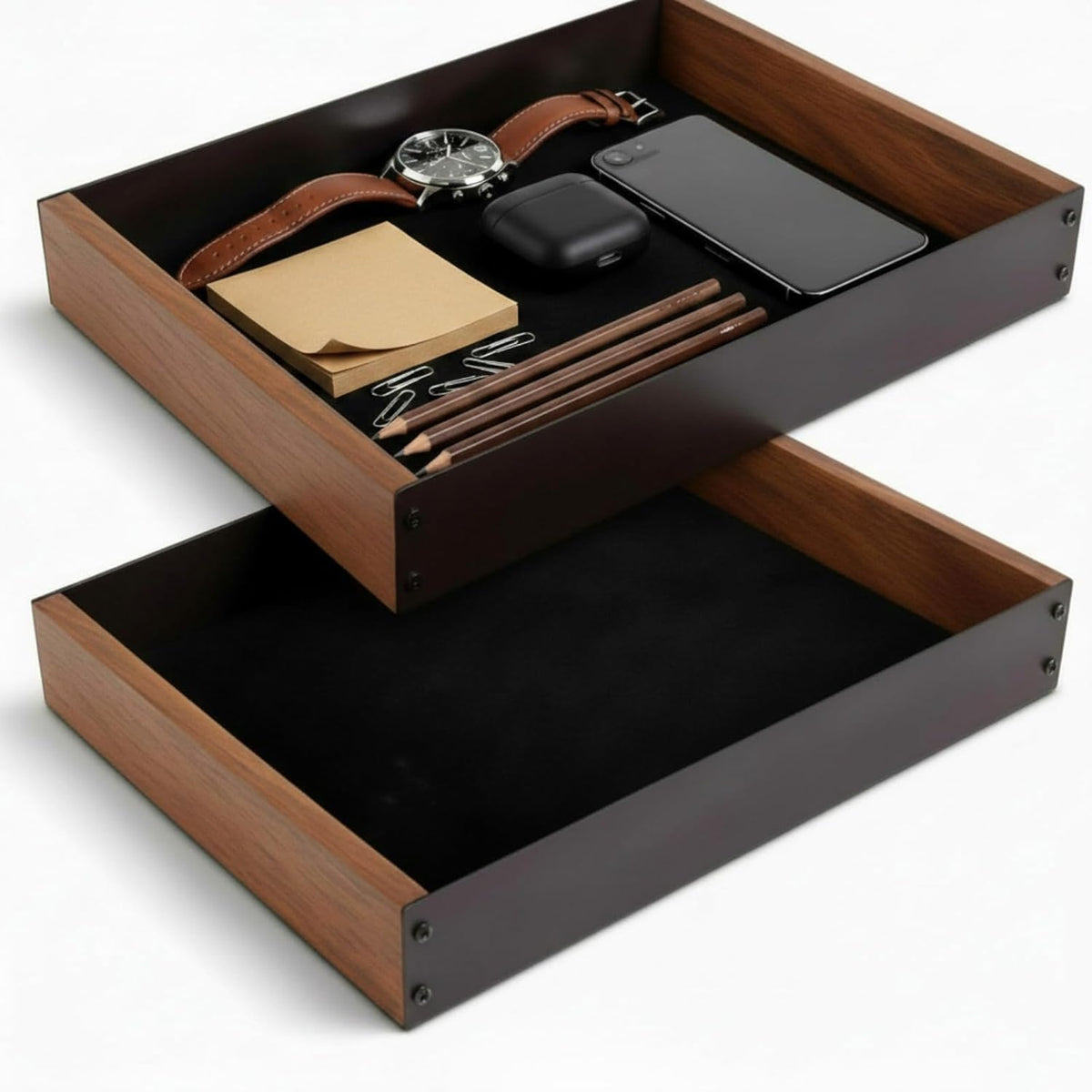 geelin 2 pack desk drawer organizer, valet tray shown in use