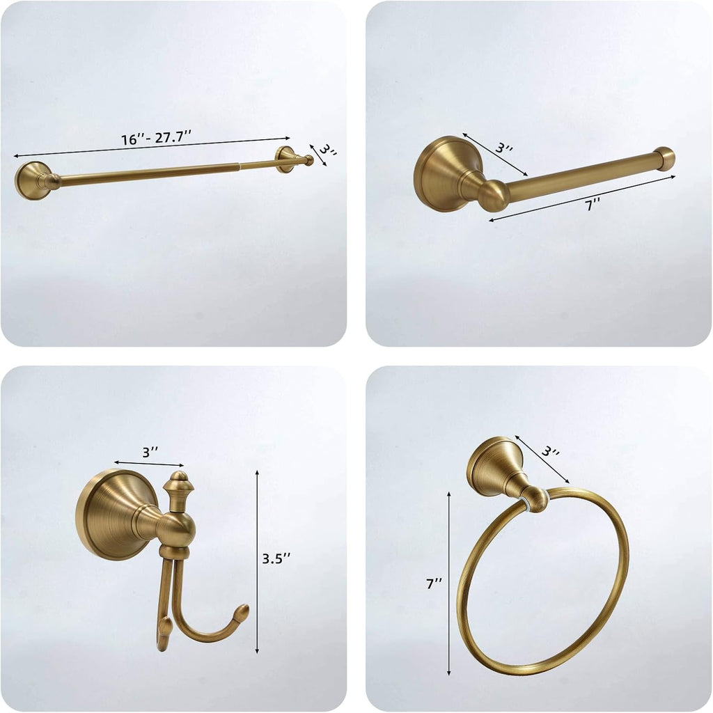 4 Piece Antique Brass Gold Bathroom Towel Bar Set - Toocust 16"-27.7" Adjustable Towel Bar for Bathroom, Wall Mounted Antique Brass Bathroom Hardware, Brushed Brass Towel Holder