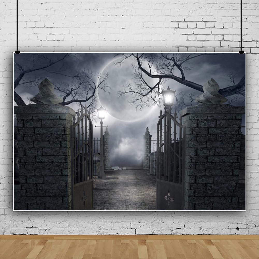 10x8ft Halloween Full Moon Cemetery Forest Photo Backdrop Decor