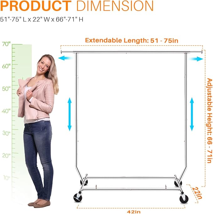 HOKEEPER Clothes Rack with Lockable Wheels Height Adjustable Clothing Rack