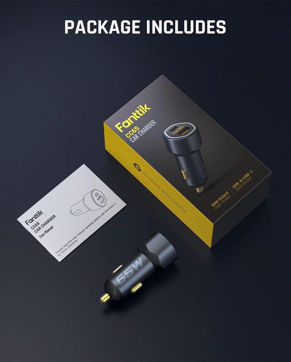 fanttik 65w usb c car charger, dual port, front angle view