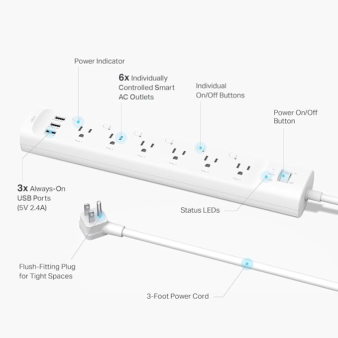 Tapo Smart Wi-Fi Power Strip- 6 Individually Controlled Smart Outlets and 3 USB