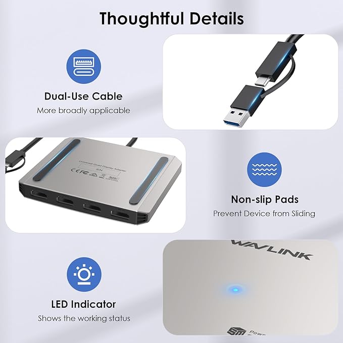 WAVLINK 4-Port HDMI Splitter, USB C to Quad Monitor 4K Adapter, Universal USB A