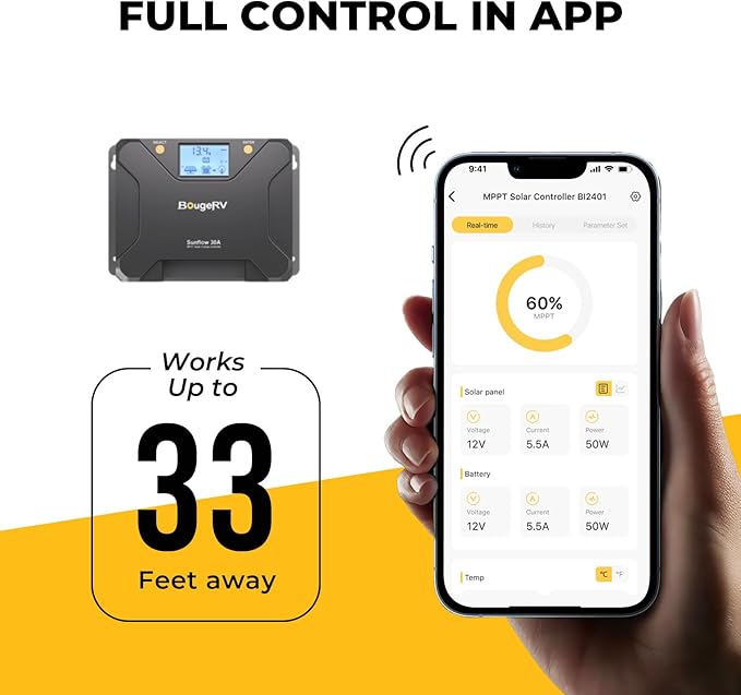 BougeRV MPPT Solar Charge Controller 30A, w/ Low-Temp Cut-Off, APP Control