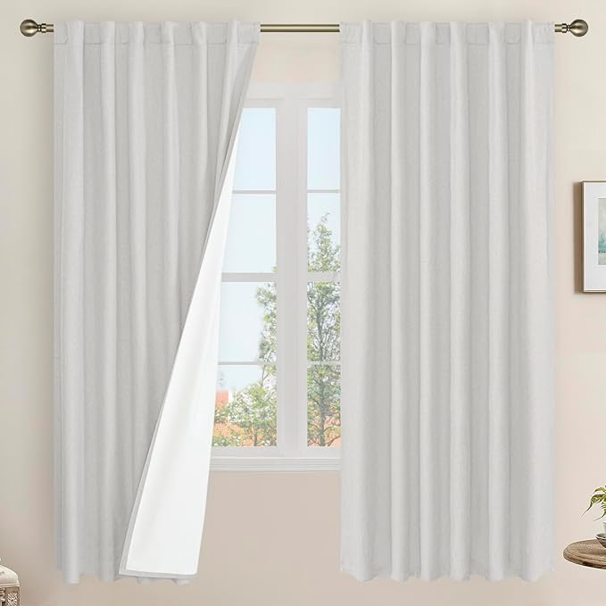LAMIT 100% Blackout Linen Curtains, 72 Inch Linen Textured Living Room Curtains
