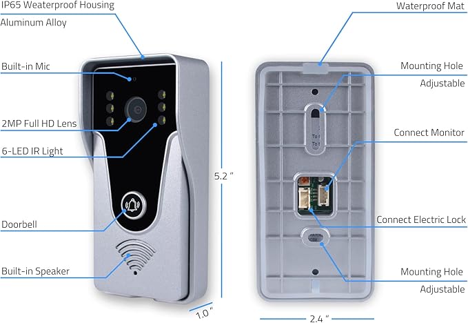 Wired Video Intercom System, 7 Inch Monitor and Aluminum Alloy Doorbell Camera