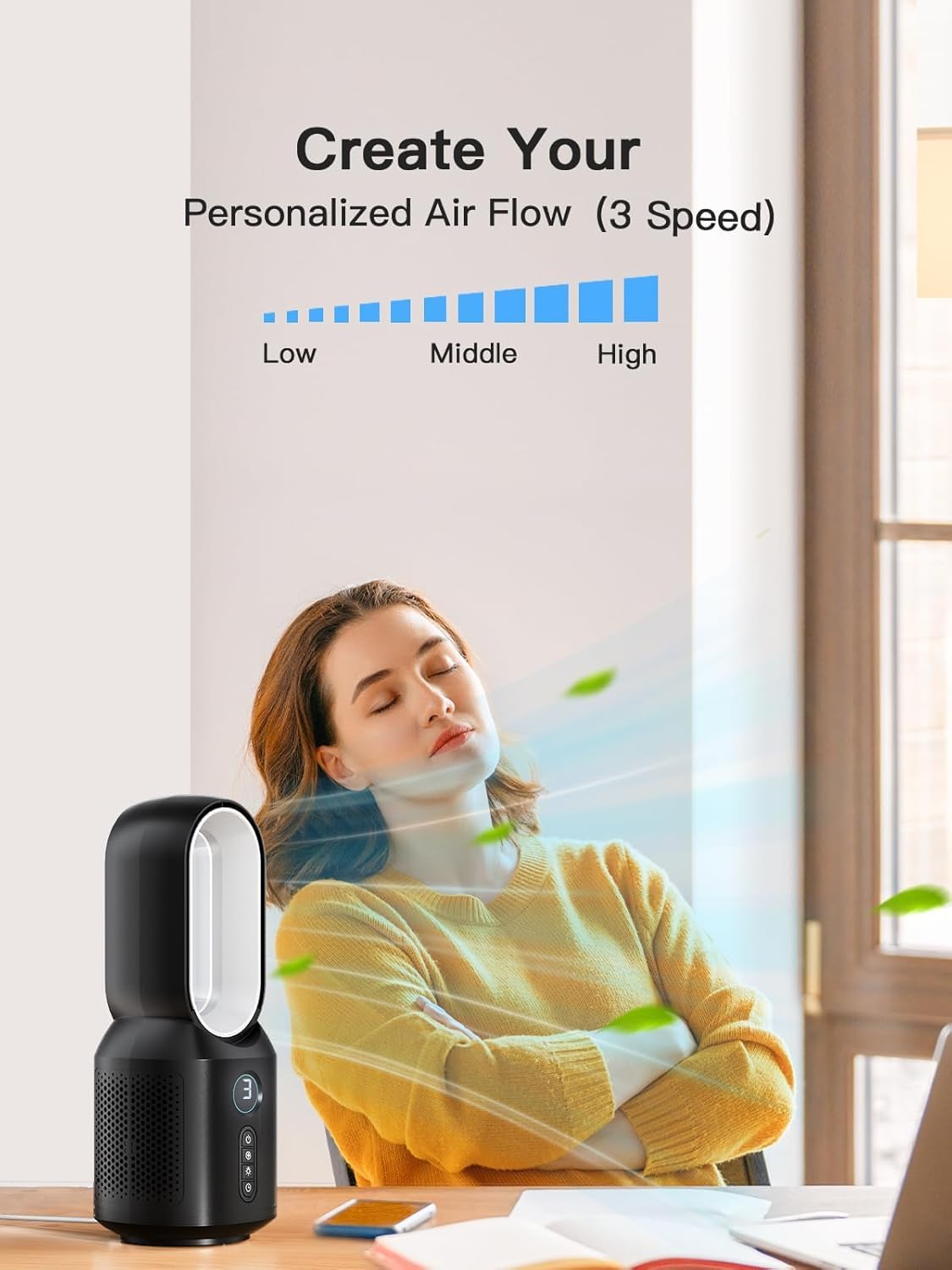 let'me Desk Fan, Small Bladeless Table Fan, Small Fan with 3 Speeds and Night Light, Quiet Desk Fan for Personal, Bedroom, Office, Nightstand