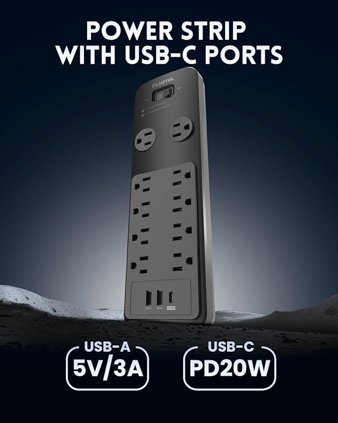Surge Protector Power Strip 20FT, PLUGTUL Surge Protector
