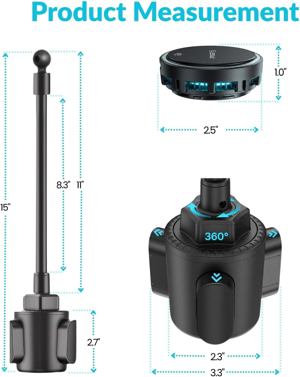 Qi2 25W Cooling Wireless Car Charger 15 Inch Cup Holder Phone Mount
