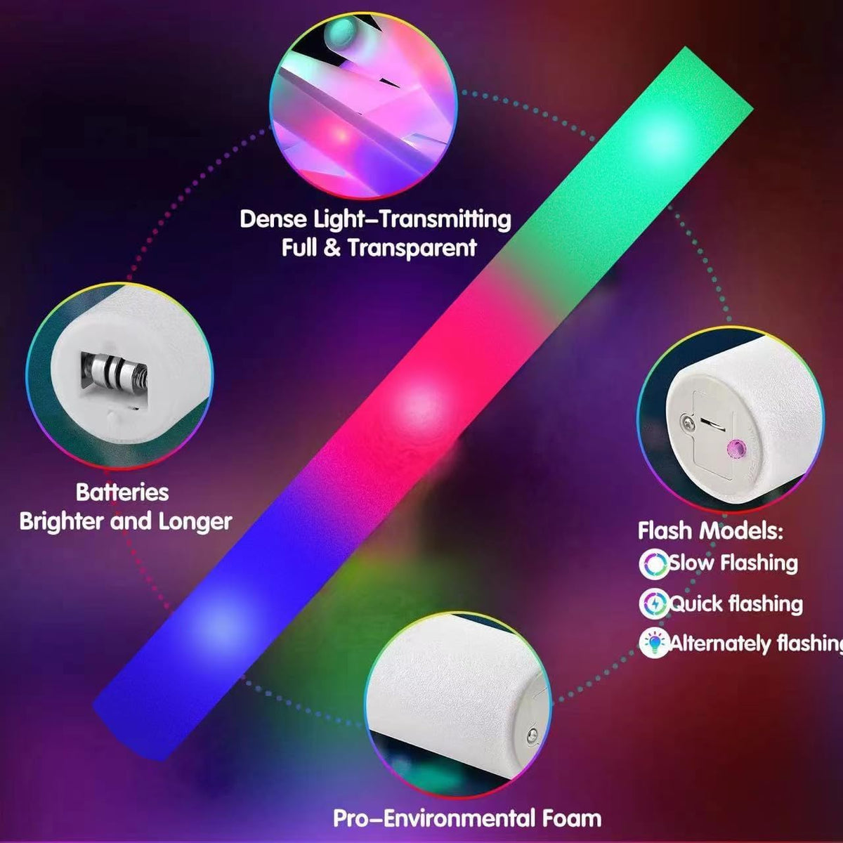 SHQDD 56PCS Foam Glow Sticks Bulk, Light up Foam Sticks with 3 Modes of Color Flashing, Glow Sticks Party Pack, Light up in the Dark Party Supplies for Wedding, Concert, New Year, Halloween