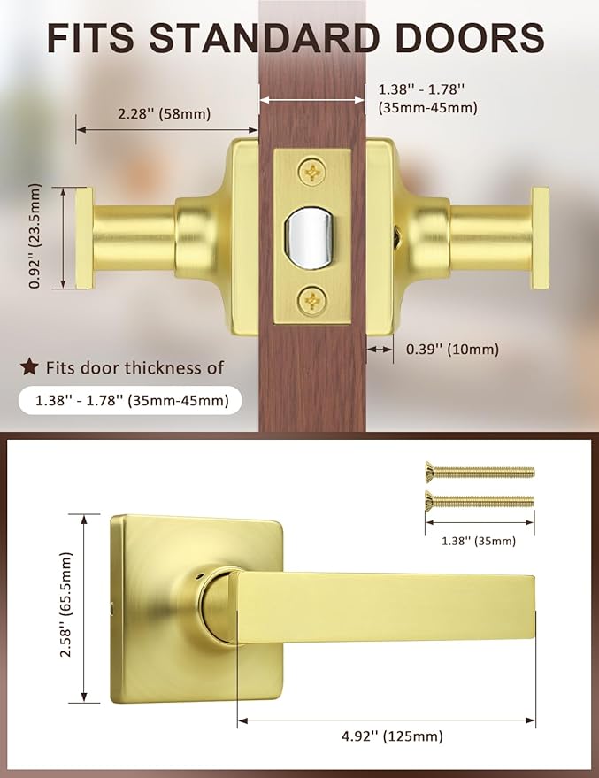 Mengico 8 Pack Passage Door Levers Gold Finish, No-Locking Keyless Square Door