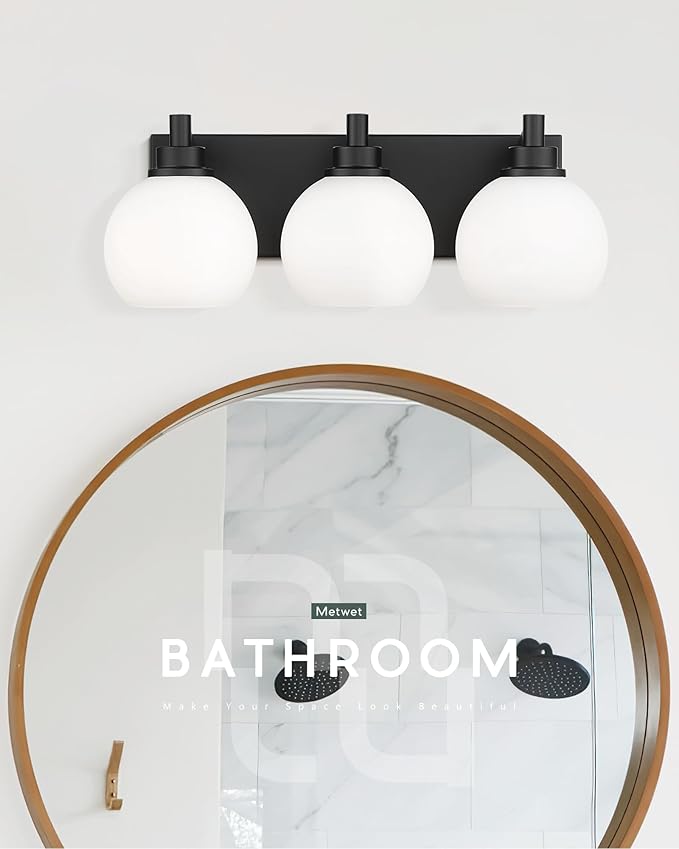 METWET Bathroom Light Fixtures, 3-Light Matte Black Vanity Light, Modern Wall