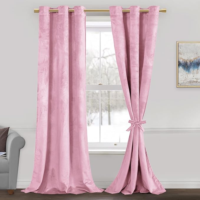 JIUZHEN Pink Velvet Curtains 96 inches (Set of 2)