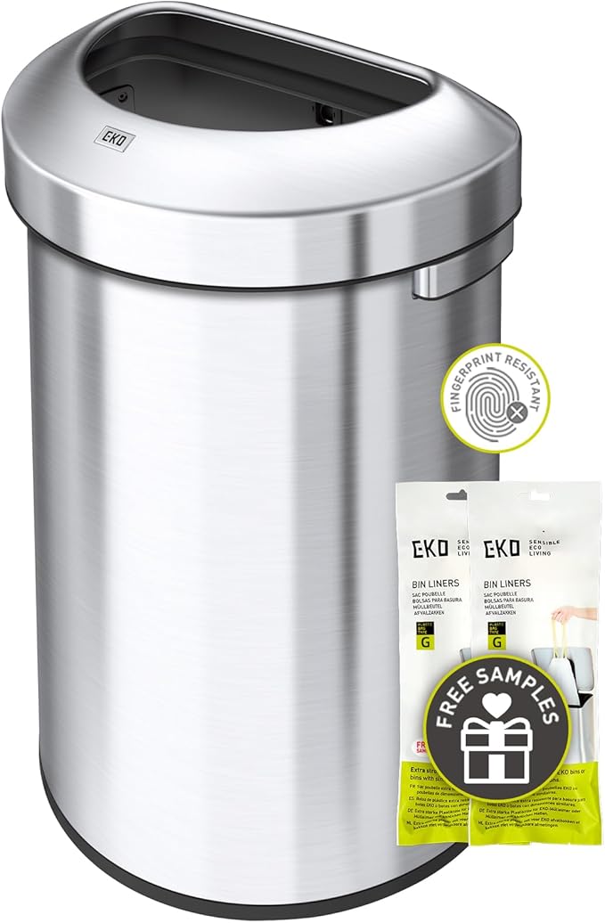 EKO Urban 21 Gallon Semi-Round Open Top Waste Bin, Stainless Steel Half Round