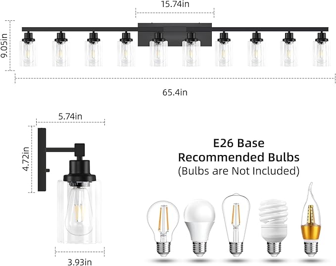 DIKAIDA 10 Light Bathroom Vanity Lights Over Mirror, 65.4inch Black Vanity