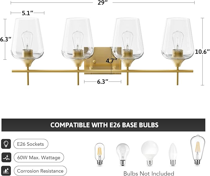 VONLUCE Bathroom Vanity Light, 4 Light Bathroom Light Fixture Over Mirror