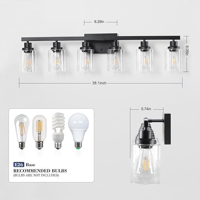 DIKAIDA 6-Light Black Vanity Lights 38'' Modern Bathroom Vanity Lighting