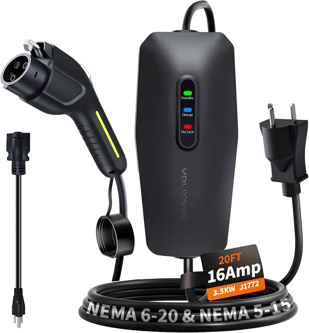 Level 1&2 EV Charger, Electric Vehicle Portable Charger with 20FT Cable, 3.5KW 16Amp Home EV Car Charging Station, 110V-240V NEMA 6-20 & NEMA 5-15 Plug Adapter, for All SAE J1772