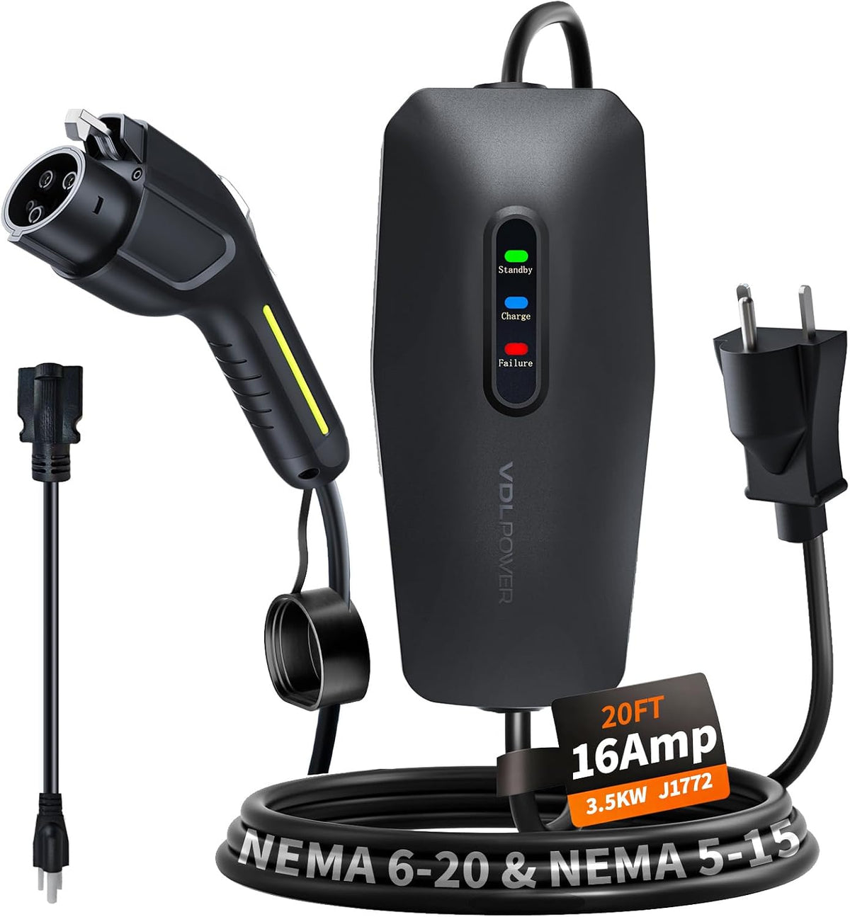 Level 1&2 EV Charger, Electric Vehicle Portable Charger with 20FT Cable, 3.5KW 16Amp Home EV Car Charging Station, 110V-240V NEMA 6-20 & NEMA 5-15 Plug Adapter, for All SAE J1772