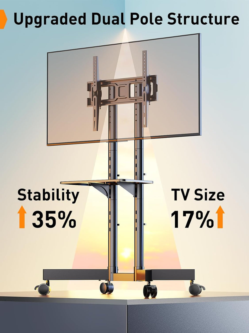 perlegear rolling tv stand, mobile tv stand with showing dimensions