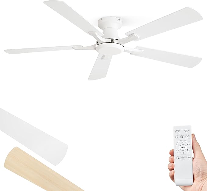 ZMISHIBO 52 Inch Ceiling Fan No Light, Flush Mount Low Profile, Modern White