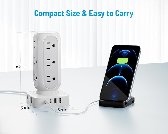 Flat Plug Power Strip Tower 15FT, 40W Total Fast Charging Station, Dual PD 20W