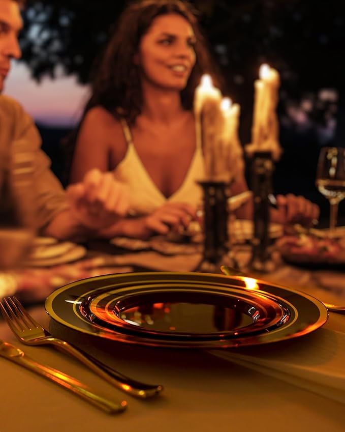 100PCS Black Plastic Plates Set with Gold Rim, 50 10.25 inch Dinner Plates and 50 7.5 inch Dessert Plates, Premium Disposable Plates forfor Party, Wedding, Holiday,And Halloween