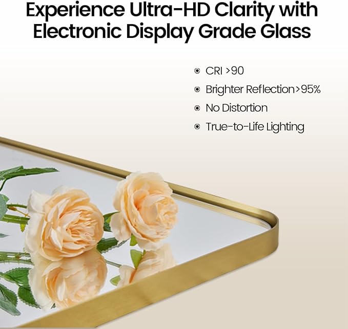 Andy Star Gold Bathroom Mirror, 22x30'' Brushed Brass Metal Frame Rounded