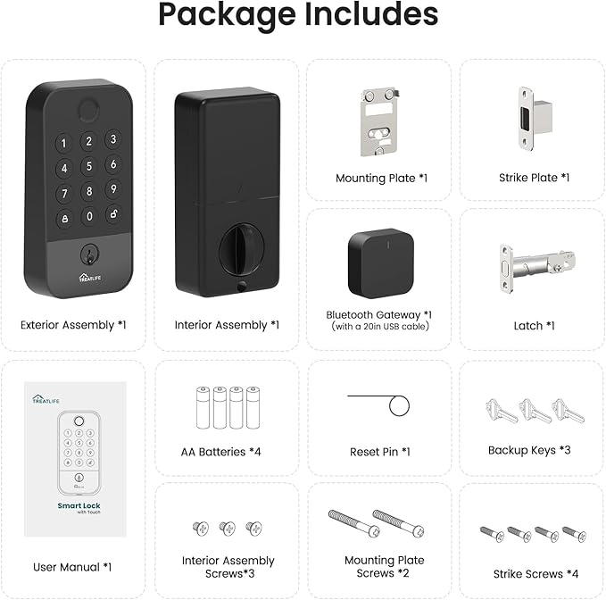 TREATLIFE Smart Door Lock with WiFi Bluetooth Gateway, Keyless Entry Door Lock