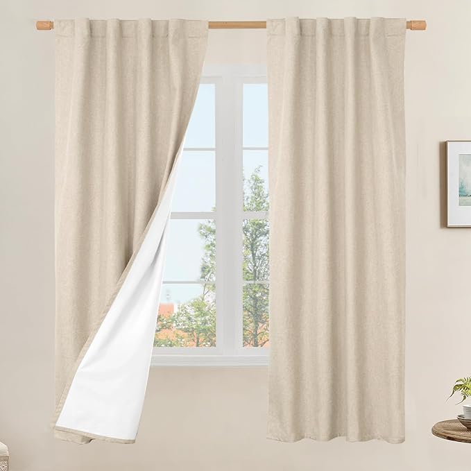 LAMIT 100% Blackout Linen Curtains, 63 Inches Linen Textured Thermal Bedroom