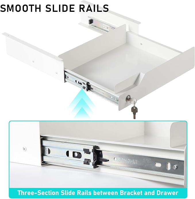 White Under Desk Drawer with Lock, Metal Hidden Storage