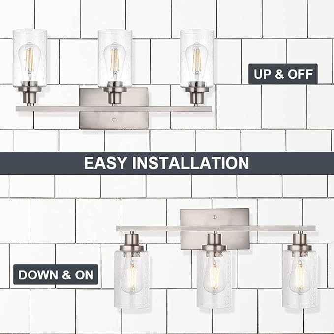WINSHEN Bathroom Light Fixtures 3-Lights Seeded Glass in Brushed Nickel Finish