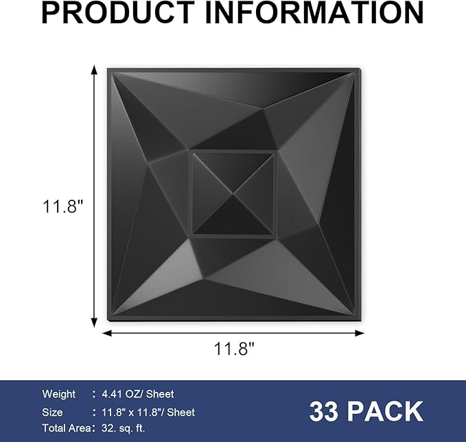 Greymond Black PVC 3D Wall Panels, 33 Pack 11.8''x11.8''Geometric Design