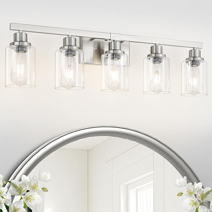 DIKAIDA Bathroom Vanity Light, 5-Light Nickel Modern Matte Wall Sconce Lighting