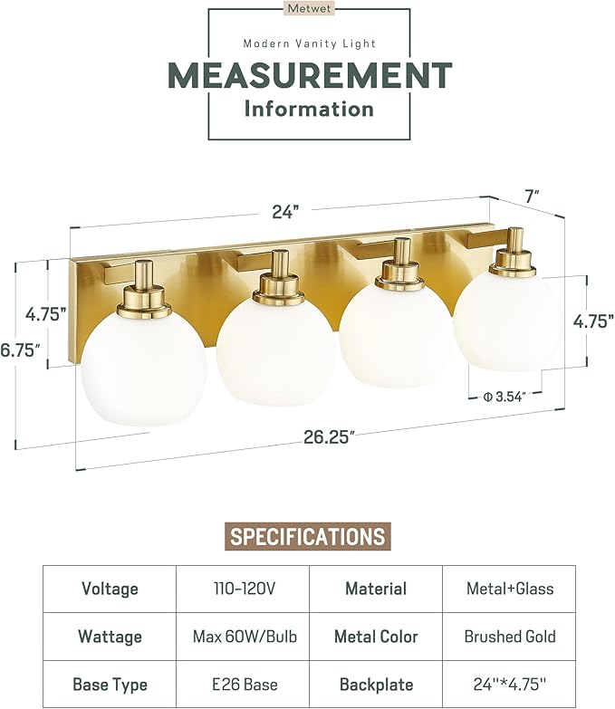 METWET Bathroom Light Fixtures, 4 Light Brushed Gold Vanity Light, 26 Inch