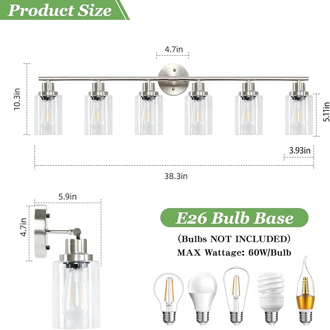 Guliaofo 6-Light Nickel Bathroom Vanity Lights, E26 Modern Bathroom Light