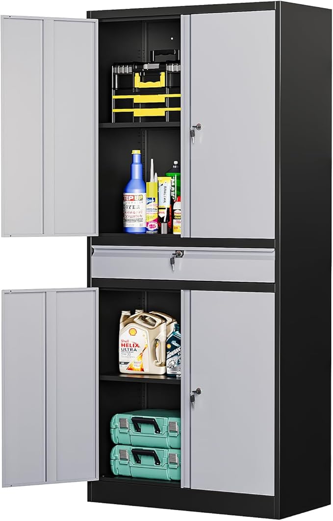 MIIIKO Storage Cabinet with 4 Doors, Metal Garage Cabinet with Drawer and