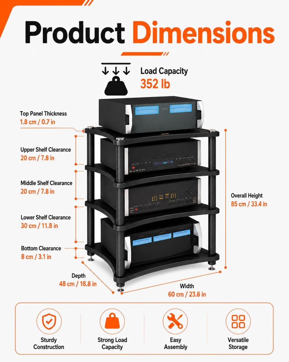 Heavy Duty 4-Tier AV Media Stand, 352 lb Load Capacity, Black