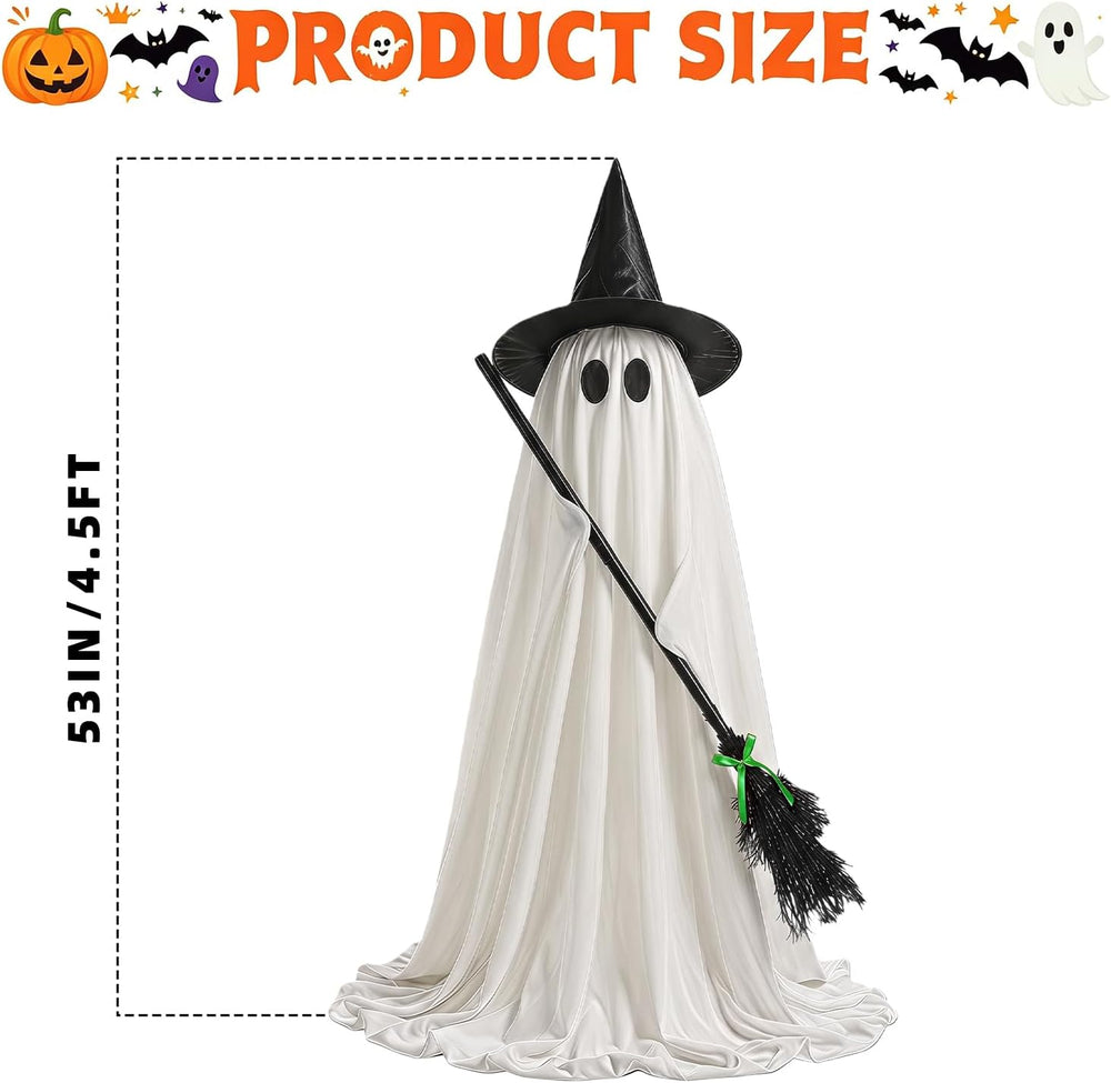 Halloween Decorations Outdoor Light Up Ghost, 53IN Witch Hat Broom Porch